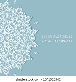 Invitation or Card template with lacе frame border, doodle line pattern, mandala element. Decorative openwork filigree art background for Wedding, Valentine's day greeting card, Birthday Invitation