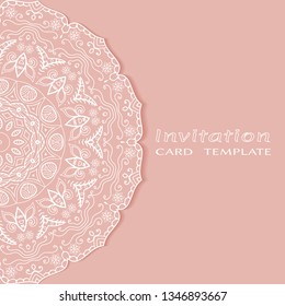 Invitation or Card template with lacе frame border, doodle line pattern, mandala element. Decorative openwork filigree art background for Wedding, Valentine's day greeting card, Birthday Invitation