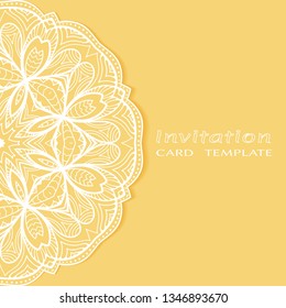 Invitation or Card template with lacе frame border, doodle line pattern, mandala element. Decorative openwork filigree art background for Wedding, Valentine's day greeting card, Birthday Invitation