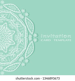 Invitation or Card template with lacе frame border, doodle line pattern, mandala element. Decorative openwork filigree art background for Wedding, Valentine's day greeting card, Birthday Invitation