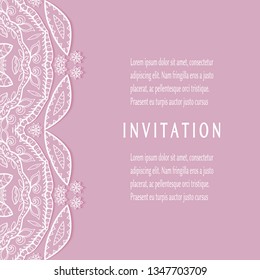 Invitation or Card template with lacе frame border, doodle line pattern, mandala element. Decorative openwork filigree art background for Wedding, Valentine's day greeting card, Birthday Invitation