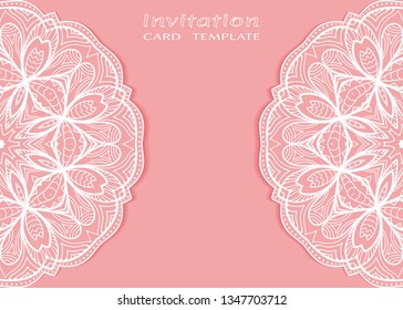Invitation or Card template with lacе frame border, doodle line pattern, mandala element. Decorative openwork filigree art background for Wedding, Valentine's day greeting card, Birthday Invitation