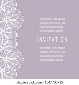 Invitation or Card template with lacе frame border, doodle line pattern, mandala element. Decorative openwork filigree art background for Wedding, Valentine's day greeting card, Birthday Invitation