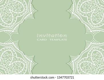 Invitation or Card template with lacе frame border, doodle line pattern, mandala element. Decorative openwork filigree art background for Wedding, Valentine's day greeting card, Birthday Invitation