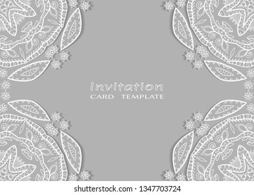 Invitation or Card template with lacе frame border, doodle line pattern, mandala element. Decorative openwork filigree art background for Wedding, Valentine's day greeting card, Birthday Invitation