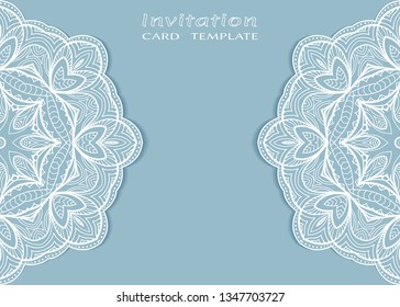 Invitation or Card template with lacе frame border, doodle line pattern, mandala element. Decorative openwork filigree art background for Wedding, Valentine's day greeting card, Birthday Invitation