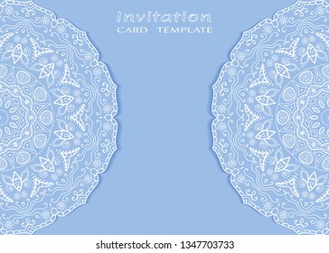Invitation or Card template with lacе frame border, doodle line pattern, mandala element. Decorative openwork filigree art background for Wedding, Valentine's day greeting card, Birthday Invitation