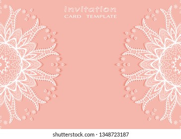 Invitation or Card template with lacе frame border, doodle line pattern, mandala element. Decorative openwork filigree art background for Wedding, Valentine's day greeting card, Birthday Invitation