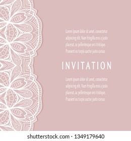 Invitation or Card template with lacе frame border, doodle line pattern, mandala element. Decorative openwork filigree art background for Wedding, Valentine's day greeting card, Birthday Invitation