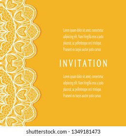 Invitation or Card template with lacе frame border, doodle line pattern, mandala element. Decorative openwork filigree art background for Wedding, Valentine's day greeting card, Birthday Invitation