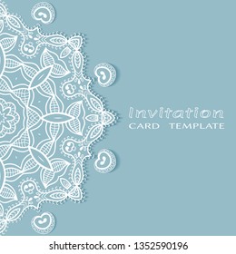 Invitation or Card template with lacе frame border, doodle line pattern, mandala element. Decorative openwork filigree art background for Wedding, Valentine's day greeting card, Birthday Invitation