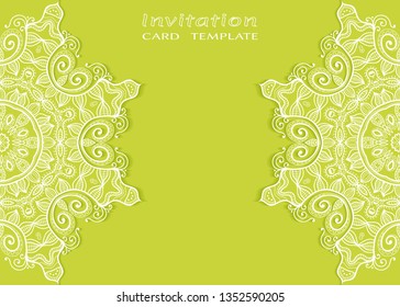 Invitation or Card template with lacе frame border, doodle line pattern, mandala element. Decorative openwork filigree art background for Wedding, Valentine's day greeting card, Birthday Invitation