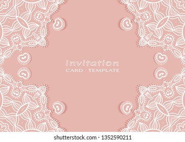 Invitation or Card template with lacе frame border, doodle line pattern, mandala element. Decorative openwork filigree art background for Wedding, Valentine's day greeting card, Birthday Invitation