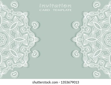 Invitation or Card template with lacе frame border, doodle line pattern, mandala element. Decorative openwork filigree art background for Wedding, Valentine's day greeting card, Birthday Invitation