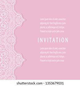 Invitation or Card template with lacе frame border, doodle line pattern, mandala element. Decorative openwork filigree art background for Wedding, Valentine's day greeting card, Birthday Invitation