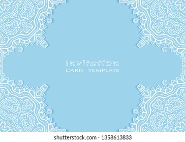 Invitation or Card template with lacе frame border, doodle line pattern, mandala element. Decorative openwork filigree art background for Wedding, Valentine's day greeting card, Birthday Invitation