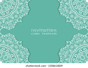 Invitation or Card template with lacе frame border, doodle line pattern, mandala element. Decorative openwork filigree art background for Wedding, Valentine's day greeting card, Birthday Invitation