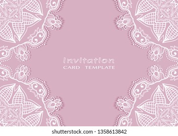 Invitation or Card template with lacе frame border, doodle line pattern, mandala element. Decorative openwork filigree art background for Wedding, Valentine's day greeting card, Birthday Invitation