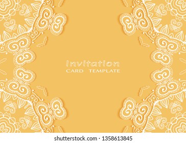 Invitation or Card template with lacе frame border, doodle line pattern, mandala element. Decorative openwork filigree art background for Wedding, Valentine's day greeting card, Birthday Invitation