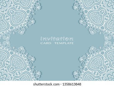 Invitation or Card template with lacе frame border, doodle line pattern, mandala element. Decorative openwork filigree art background for Wedding, Valentine's day greeting card, Birthday Invitation