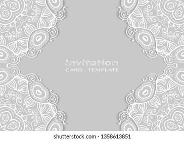 Invitation or Card template with lacе frame border, doodle line pattern, mandala element. Decorative openwork filigree art background for Wedding, Valentine's day greeting card, Birthday Invitation