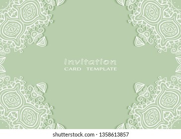 Invitation or Card template with lacе frame border, doodle line pattern, mandala element. Decorative openwork filigree art background for Wedding, Valentine's day greeting card, Birthday Invitation