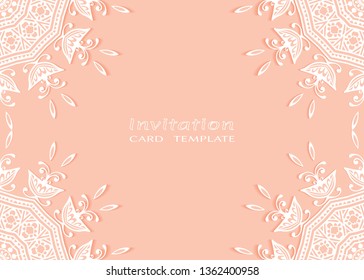 Invitation or Card template with lacе frame border, doodle line pattern, mandala element. Decorative openwork filigree art background for Wedding, Valentine's day greeting card, Birthday Invitation