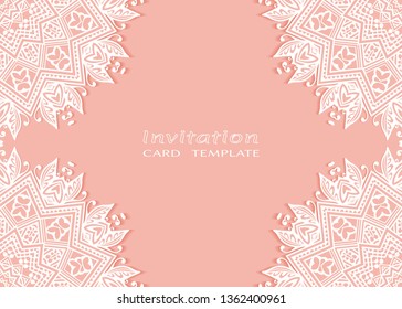 Invitation or Card template with lacе frame border, doodle line pattern, mandala element. Decorative openwork filigree art background for Wedding, Valentine's day greeting card, Birthday Invitation