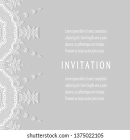 Invitation or Card template with lacе frame border, doodle line pattern, mandala element. Decorative openwork filigree art background for Wedding, Valentine's day greeting card, Birthday Invitation