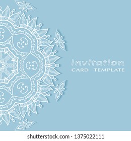 Invitation or Card template with lacе frame border, doodle line pattern, mandala element. Decorative openwork filigree art background for Wedding, Valentine's day greeting card, Birthday Invitation
