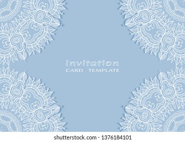 Invitation or Card template with lacе frame border, doodle line pattern, mandala element. Decorative openwork filigree art background for Wedding, Valentine's day greeting card, Birthday Invitation