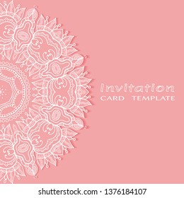 Invitation or Card template with lacе frame border, doodle line pattern, mandala element. Decorative openwork filigree art background for Wedding, Valentine's day greeting card, Birthday Invitation