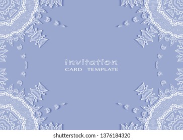 Invitation or Card template with lacе frame border, doodle line pattern, mandala element. Decorative openwork filigree art background for Wedding, Valentine's day greeting card, Birthday Invitation