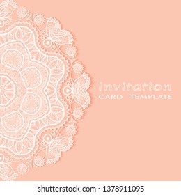 Invitation or Card template with lacе frame border, doodle line pattern, mandala element. Decorative openwork filigree art background for Wedding, Valentine's day greeting card, Birthday Invitation