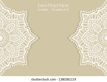 Invitation or Card template with lacе frame border, doodle line pattern, mandala element. Decorative openwork filigree art background for Wedding, Valentine's day greeting card, Birthday Invitation