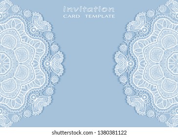 Invitation or Card template with lacе frame border, doodle line pattern, mandala element. Decorative openwork filigree art background for Wedding, Valentine's day greeting card, Birthday Invitation