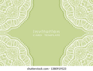 Invitation or Card template with lacе frame border, doodle line pattern, mandala element. Decorative openwork filigree art background for Wedding, Valentine's day greeting card, Birthday Invitation