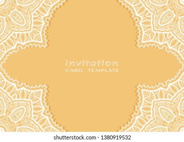 Invitation or Card template with lacе frame border, doodle line pattern, mandala element. Decorative openwork filigree art background for Wedding, Valentine's day greeting card, Birthday Invitation