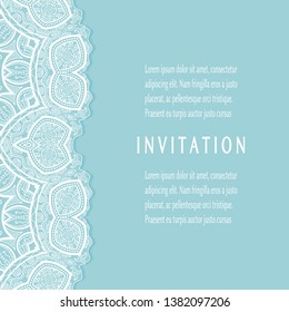 Invitation or Card template with lacе frame border, doodle line pattern, mandala element. Decorative openwork filigree art background for Wedding, Valentine's day greeting card, Birthday Invitation