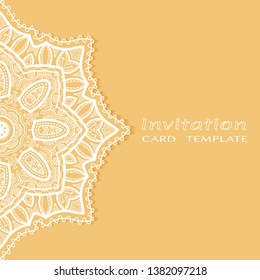 Invitation or Card template with lacе frame border, doodle line pattern, mandala element. Decorative openwork filigree art background for Wedding, Valentine's day greeting card, Birthday Invitation