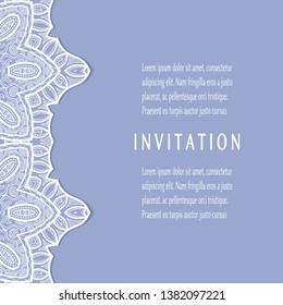 Invitation or Card template with lacе frame border, doodle line pattern, mandala element. Decorative openwork filigree art background for Wedding, Valentine's day greeting card, Birthday Invitation