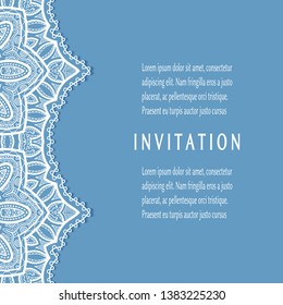 Invitation or Card template with lacе frame border, doodle line pattern, mandala element. Decorative openwork filigree art background for Wedding, Valentine's day greeting card, Birthday Invitation