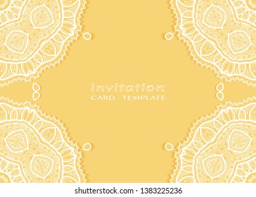Invitation or Card template with lacе frame border, doodle line pattern, mandala element. Decorative openwork filigree art background for Wedding, Valentine's day greeting card, Birthday Invitation