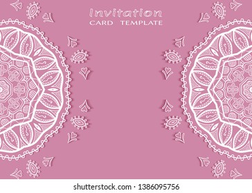 Invitation or Card template with lacе frame border, doodle line pattern, mandala element. Decorative openwork filigree art background for Wedding, Valentine's day greeting card, Birthday Invitation