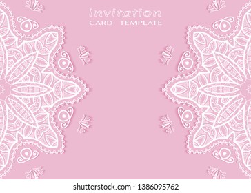 Invitation or Card template with lacе frame border, doodle line pattern, mandala element. Decorative openwork filigree art background for Wedding, Valentine's day greeting card, Birthday Invitation
