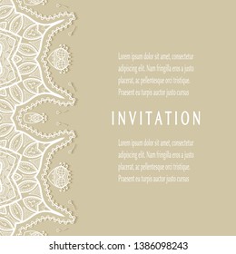 Invitation or Card template with lacе frame border, doodle line pattern, mandala element. Decorative openwork filigree art background for Wedding, Valentine's day greeting card, Birthday Invitation