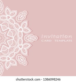 Invitation or Card template with lacе frame border, doodle line pattern, mandala element. Decorative openwork filigree art background for Wedding, Valentine's day greeting card, Birthday Invitation