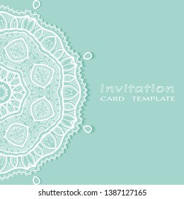 Invitation or Card template with lacе frame border, doodle line pattern, mandala element. Decorative openwork filigree art background for Wedding, Valentine's day greeting card, Birthday Invitation