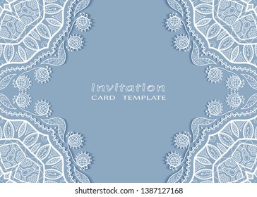 Invitation or Card template with lacе frame border, doodle line pattern, mandala element. Decorative openwork filigree art background for Wedding, Valentine's day greeting card, Birthday Invitation