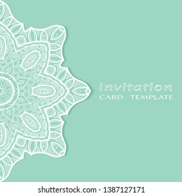 Invitation or Card template with lacе frame border, doodle line pattern, mandala element. Decorative openwork filigree art background for Wedding, Valentine's day greeting card, Birthday Invitation